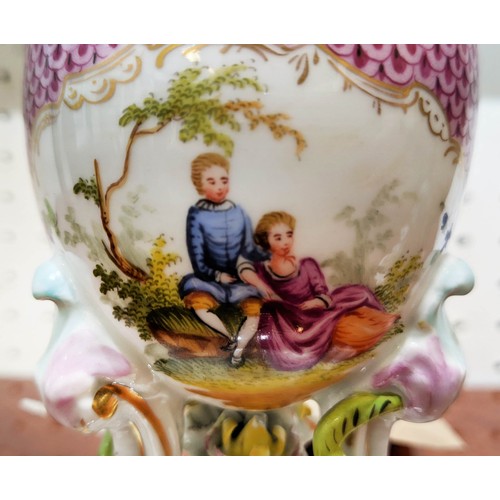 7 - MEISSEN POTPOURRI,  a pair, 18cm H, egg shaped with hinged lids, painted with figural cartouches and... 