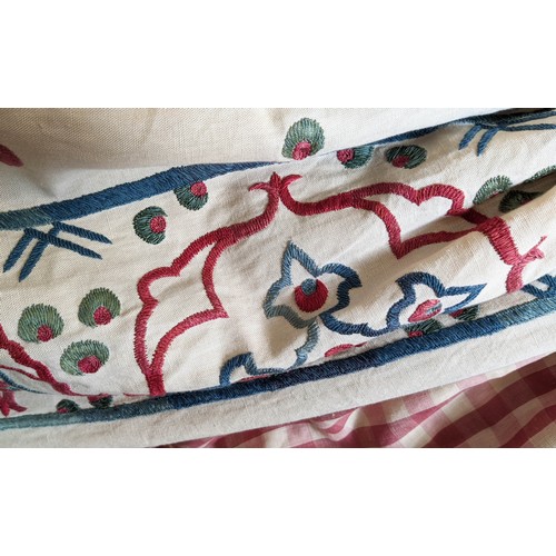 155 - CURTAINS, a pair, each curtain 135cm W gathered x 217cm drop, Chelsea Textile style, in an embroider... 