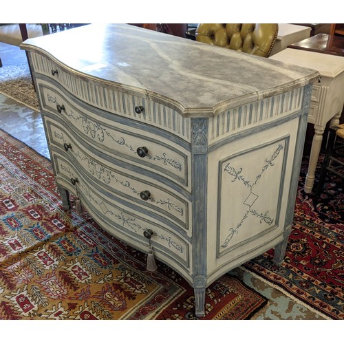 471 - COMMODE, 111cm W x 89cm H x 56cm D Continental style with a serpentine shaped faux marble top above ... 