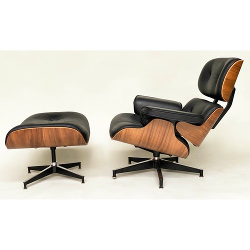 189 - LOUNGER ARMCHAIR AND STOOL, after Charles and Ray Eames, with buttoned black upholstery, with compan... 