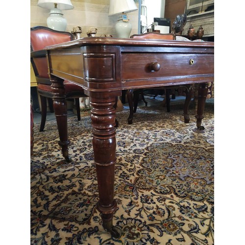 420 - PARTNERS LIBRARY TABLE, 138cm W x 72cm H x 79cm D 19th century mahogany with a tooled leather top ab... 