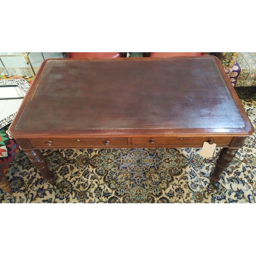 420 - PARTNERS LIBRARY TABLE, 138cm W x 72cm H x 79cm D 19th century mahogany with a tooled leather top ab... 