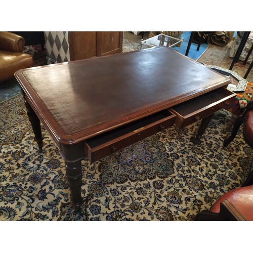 420 - PARTNERS LIBRARY TABLE, 138cm W x 72cm H x 79cm D 19th century mahogany with a tooled leather top ab... 