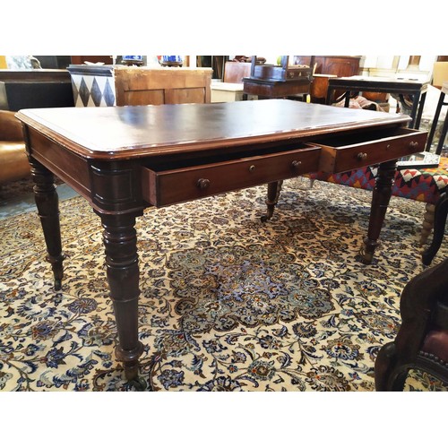 420 - PARTNERS LIBRARY TABLE, 138cm W x 72cm H x 79cm D 19th century mahogany with a tooled leather top ab... 