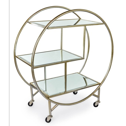 253 - COCKTAIL TROLLEY, 87cm H x 78cm W x 47cm D, Art Deco style, mirrored glass shelves, silvered  metal ... 