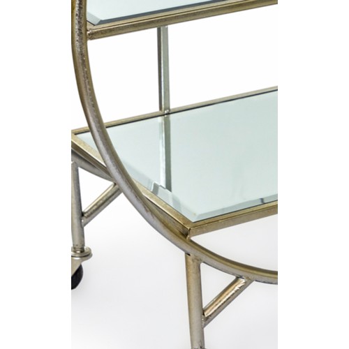 253 - COCKTAIL TROLLEY, 87cm H x 78cm W x 47cm D, Art Deco style, mirrored glass shelves, silvered  metal ... 