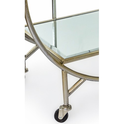 253 - COCKTAIL TROLLEY, 87cm H x 78cm W x 47cm D, Art Deco style, mirrored glass shelves, silvered  metal ... 