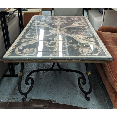 421 - DINING TABLE, 185cm L x 72cm H x 114cm D with a rectangular glass cover above an Italian leaf decora... 