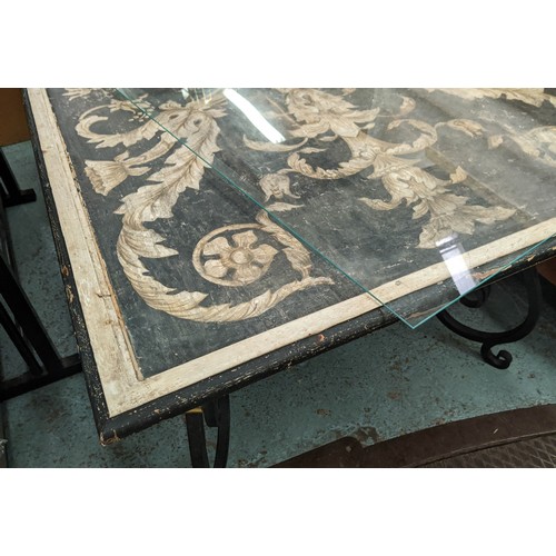 421 - DINING TABLE, 185cm L x 72cm H x 114cm D with a rectangular glass cover above an Italian leaf decora... 