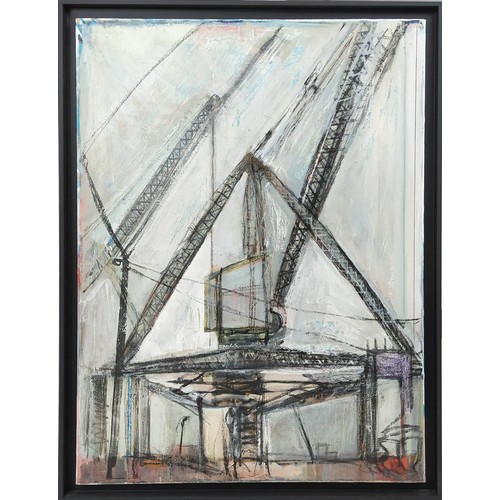 83 - MANNER FRANK AUERBACH, 'Shipyard Cranes', oil on canvas, 101cm x 76cm, framed.