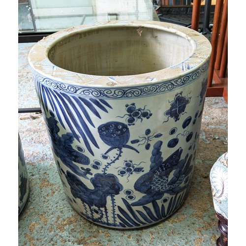 599 - PLANTERS, a pair, 50cm high, 48cm diameter, Chinese export style blue and white ceramic. (2)