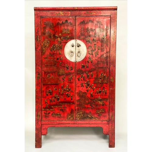 601 - MARRIAGE CABINET, 191cm H x 55cm D x 108cm W, early 20th century Chinese, scarlet lacquered and gilt... 