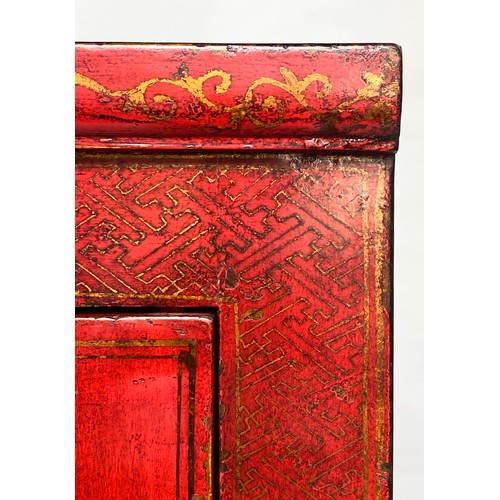 601 - MARRIAGE CABINET, 191cm H x 55cm D x 108cm W, early 20th century Chinese, scarlet lacquered and gilt... 