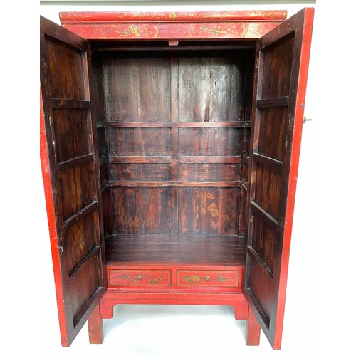 601 - MARRIAGE CABINET, 191cm H x 55cm D x 108cm W, early 20th century Chinese, scarlet lacquered and gilt... 