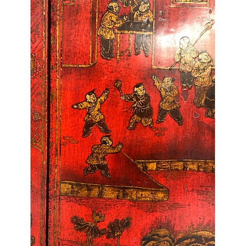 601 - MARRIAGE CABINET, 191cm H x 55cm D x 108cm W, early 20th century Chinese, scarlet lacquered and gilt... 