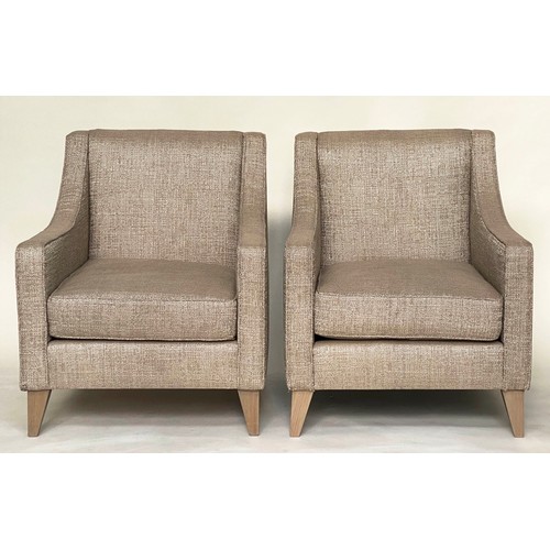 602 - ARMCHAIRS, a pair, 71cm W, with taupe weave upholstery, square arms and tapering supports. (2)