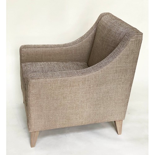 602 - ARMCHAIRS, a pair, 71cm W, with taupe weave upholstery, square arms and tapering supports. (2)