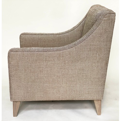 602 - ARMCHAIRS, a pair, 71cm W, with taupe weave upholstery, square arms and tapering supports. (2)