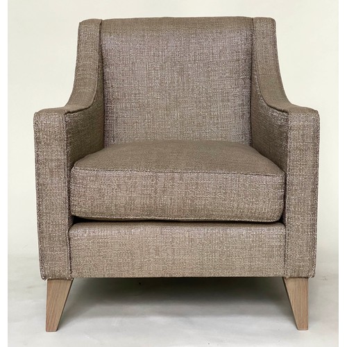 602 - ARMCHAIRS, a pair, 71cm W, with taupe weave upholstery, square arms and tapering supports. (2)