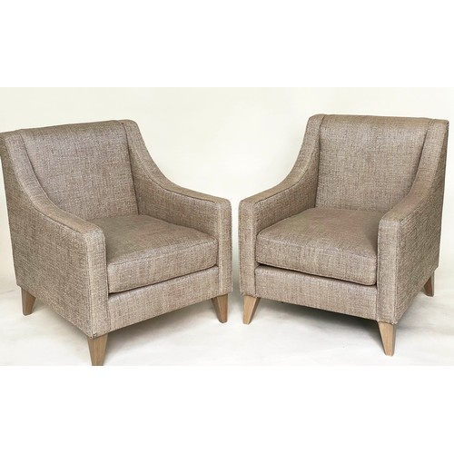 602 - ARMCHAIRS, a pair, 71cm W, with taupe weave upholstery, square arms and tapering supports. (2)