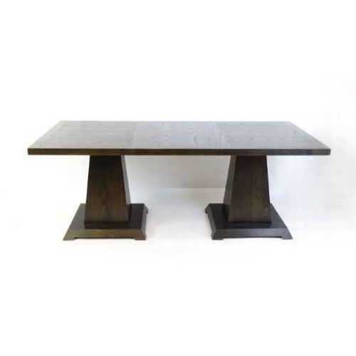 603 - WILLIAM YEOWARD DINING TABLE, 200cm W x 100cm D x 76cm H, parquetry top on twin graduated pedestals.