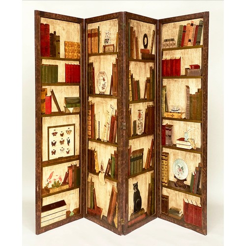 605 - SCREEN, four fold, each panel 191cm H x 59cm W, decorated with books and collectors items, with faux... 