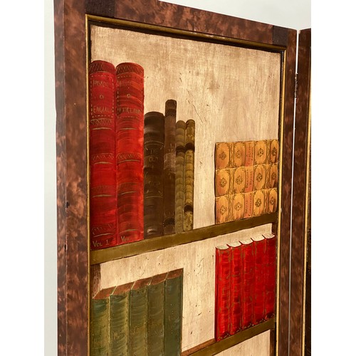 605 - SCREEN, four fold, each panel 191cm H x 59cm W, decorated with books and collectors items, with faux... 