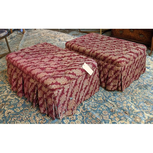 590 - GEORGE SMITH FOOTSTOOLS, a pair, 95cm W x 60cm x 45cm H, with buttoned tops and pleated skirt to bas... 