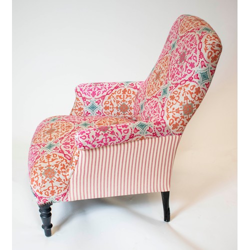 238 - BERGERE, 94cm H x 80cm W, Napoleon III ebonised, in pink patterned fabric and red ticking.