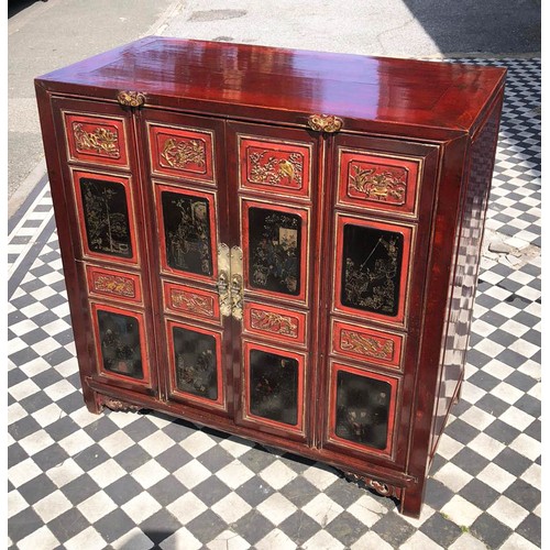 355 - SIDE CABINET, 95cm H x 95cm W x 49cm D, 19th century Chinese, lacquered and gilt decorated, of four ... 