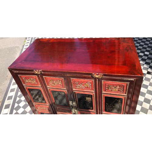 355 - SIDE CABINET, 95cm H x 95cm W x 49cm D, 19th century Chinese, lacquered and gilt decorated, of four ... 