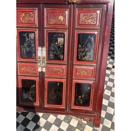 355 - SIDE CABINET, 95cm H x 95cm W x 49cm D, 19th century Chinese, lacquered and gilt decorated, of four ... 