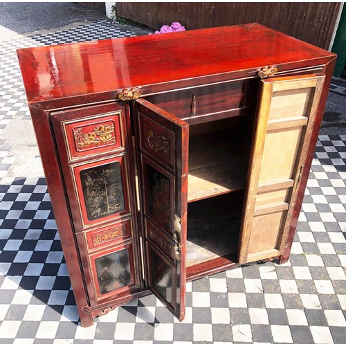 355 - SIDE CABINET, 95cm H x 95cm W x 49cm D, 19th century Chinese, lacquered and gilt decorated, of four ... 