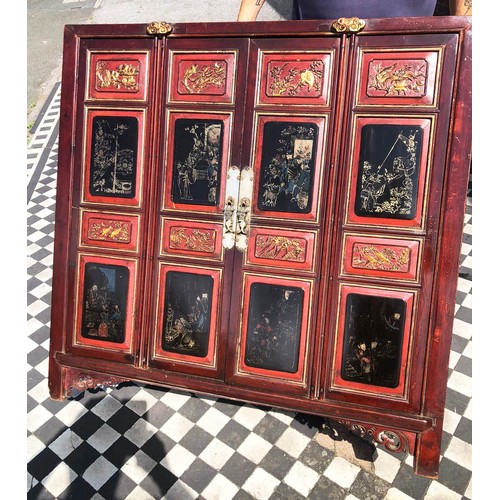 355 - SIDE CABINET, 95cm H x 95cm W x 49cm D, 19th century Chinese, lacquered and gilt decorated, of four ... 