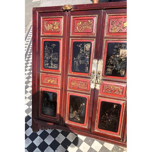 355 - SIDE CABINET, 95cm H x 95cm W x 49cm D, 19th century Chinese, lacquered and gilt decorated, of four ... 