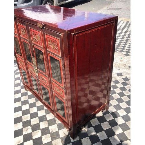 355 - SIDE CABINET, 95cm H x 95cm W x 49cm D, 19th century Chinese, lacquered and gilt decorated, of four ... 