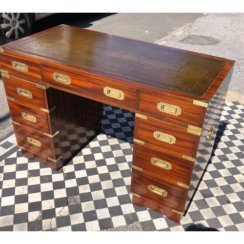 379 - CAMPAIGN STYLE PEDESTAL DESK, 78cm H x 122cm W x 60cm D, mahogany and brass bound, with green leathe... 