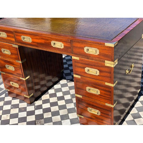 379 - CAMPAIGN STYLE PEDESTAL DESK, 78cm H x 122cm W x 60cm D, mahogany and brass bound, with green leathe... 