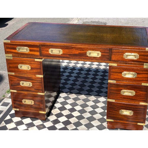 379 - CAMPAIGN STYLE PEDESTAL DESK, 78cm H x 122cm W x 60cm D, mahogany and brass bound, with green leathe... 