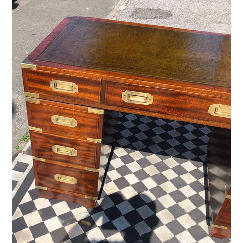 379 - CAMPAIGN STYLE PEDESTAL DESK, 78cm H x 122cm W x 60cm D, mahogany and brass bound, with green leathe... 