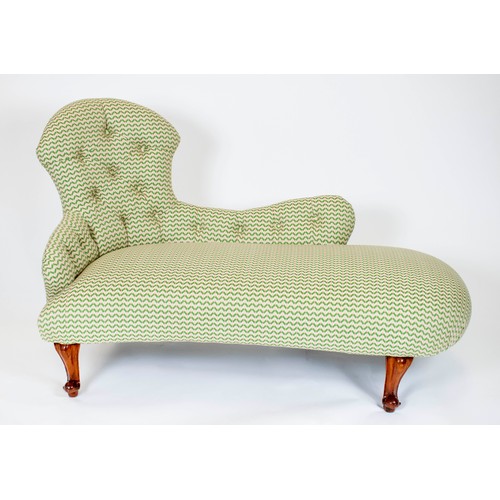 550 - CHAISE LOUNGE, 86cm H x 148cm W, Victorian walnut, in green Linwood Tango weave fabric.