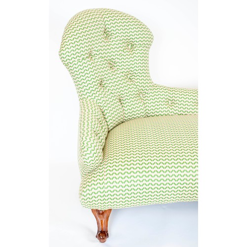 550 - CHAISE LOUNGE, 86cm H x 148cm W, Victorian walnut, in green Linwood Tango weave fabric.