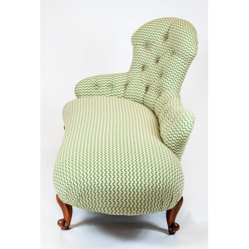 550 - CHAISE LOUNGE, 86cm H x 148cm W, Victorian walnut, in green Linwood Tango weave fabric.