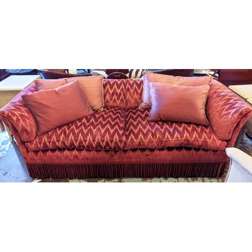 589 - GEORGE SMITH SOFA, 85cm D x 75cm H x 195cm W, in a red velvet patterned fabric, with bullion fringe.