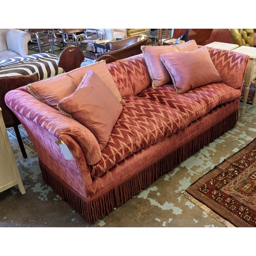 589 - GEORGE SMITH SOFA, 85cm D x 75cm H x 195cm W, in a red velvet patterned fabric, with bullion fringe.