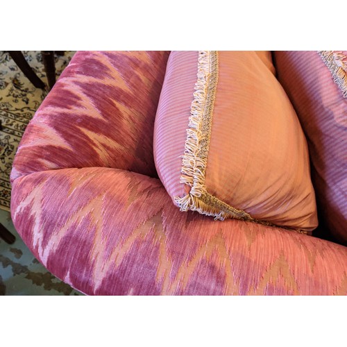 589 - GEORGE SMITH SOFA, 85cm D x 75cm H x 195cm W, in a red velvet patterned fabric, with bullion fringe.