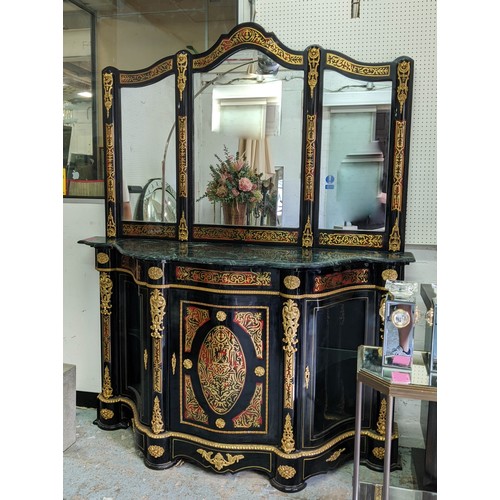 596 - CREDENZA AND WALL MIRROR, 103 high, 168cm wide, 55cm deep, boulle style, with marble top, mirror mea... 