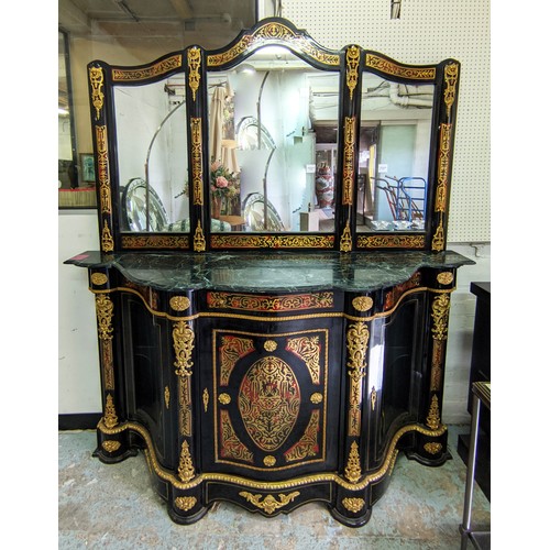 596 - CREDENZA AND WALL MIRROR, 103 high, 168cm wide, 55cm deep, boulle style, with marble top, mirror mea... 