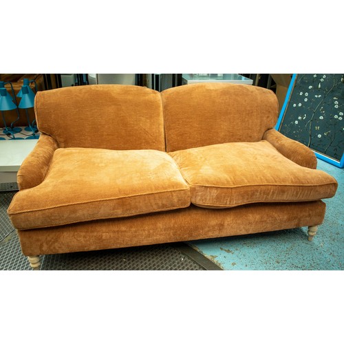 606 - HOWARD STYLE SOFA, 84cm H x 186cm W x 105cm D, beechwood, in burnt umber chenille.