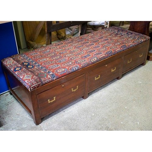 607 - CAMPAIGN BED, 44cm H x 187cm W x 70cm D, 19th century mahogany, with associated carpet upholstered p... 